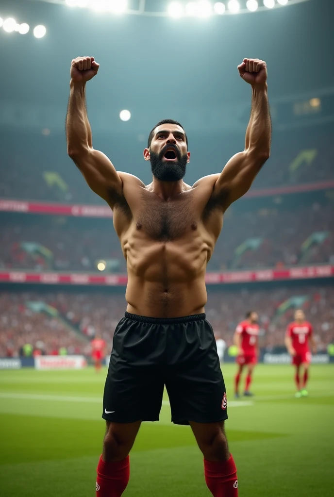 Iranian football player muscular bearded hairy shirtless, black shorts and red socks and black boots, with hands open and raised to the sky in a large football stadium full of people.