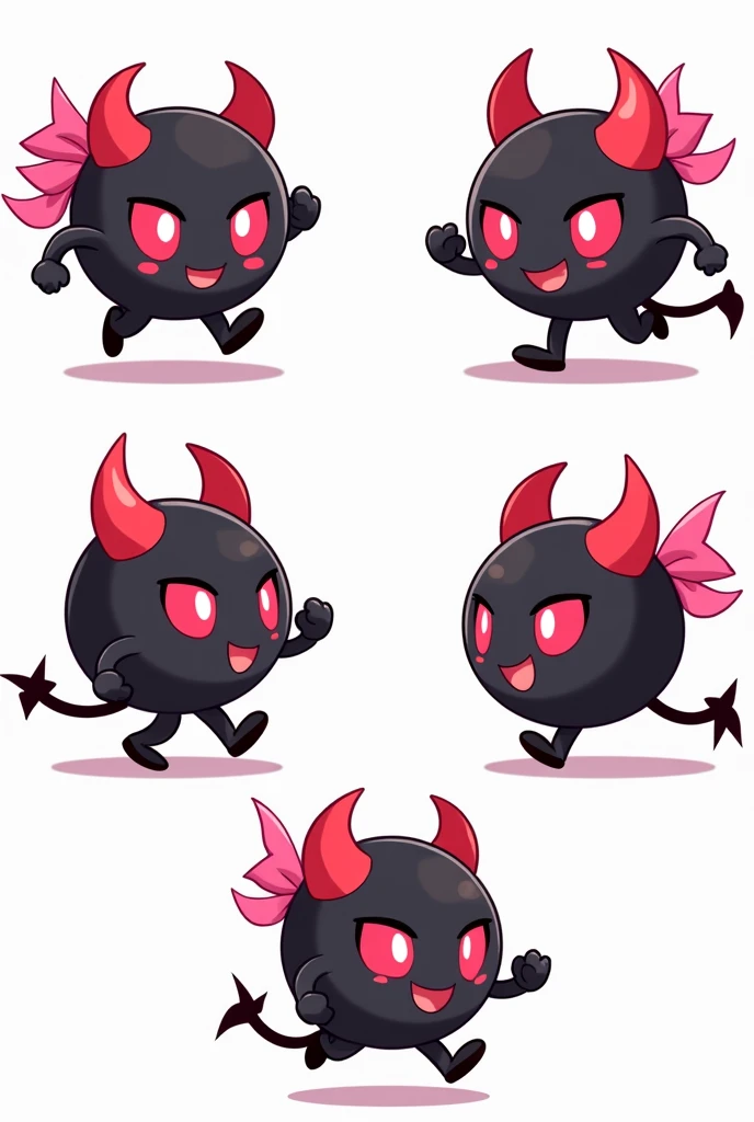 Create animation sprite sheets for 2D character animations with frames for detailed movements。, Animation ready. , Idol , Run left, right. Create a devilish mascot, A ball with dark red horns and pink eyes, Black with a pink ribbon, His facial expression shows a smile. Like Pokémon, White Background