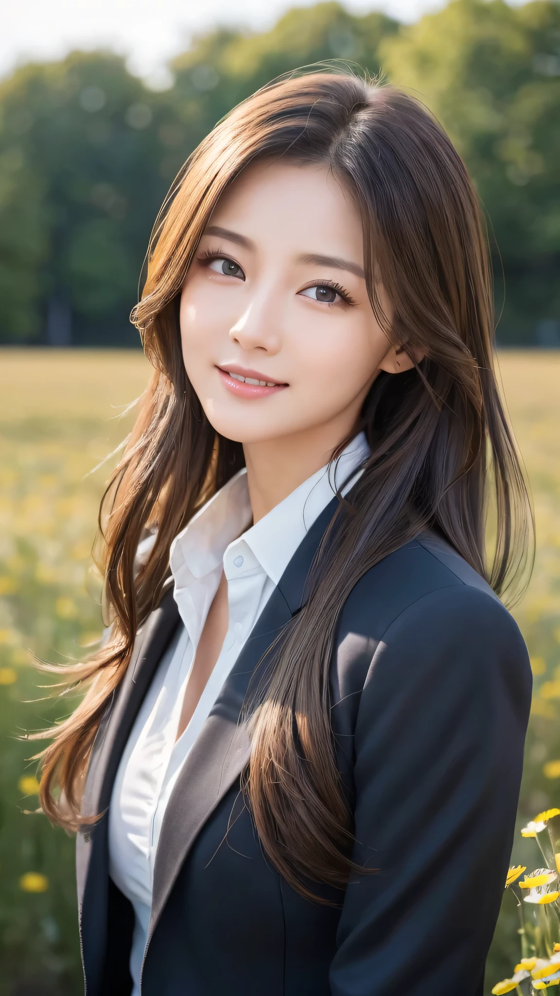 highest quality、genuine、Super detailed、finely、High resolution、8k wallpaper、one beautiful woman、、、light brown disheveled hair、wearing a business suit、sharp focus、perfect dynamic composition、beautiful and detailed eyes、thin hair、Detailed genuine skin texture、smile、model body shape、In a windswept meadow