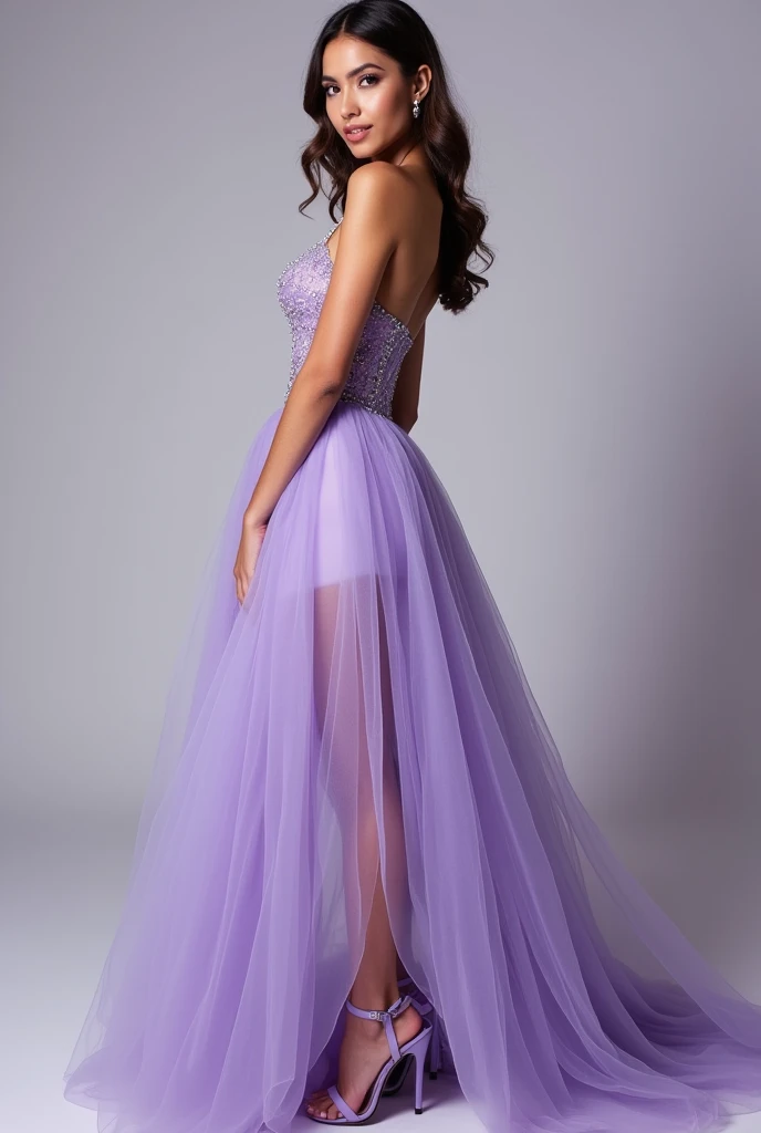 Create an image of a model wearing a lilac short prom dress with a purple chunky 4 inch heels with no straps
