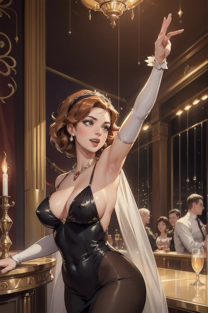 annette_war, ,Annette (Fire Emblem), 1girl,red sheer see-through tight-fitting plunging deep-v provocative cocktail dress,white elbow gloves,singing,classic microphone,1920s night club,art deco interior,vibrant atmosphere,smoke-filled room,dimmed lights,sparkling chandeliers,dancing couples,arched doorways,velvet curtains,jazz music,floral arrangements,checkered dance floor,overflowing champagne glasses,vintage bar counter,high-back chairs,feathered headbands,glamorous decor,gleaming polished floors,energetic crowd,exquisite stage backdrop,bar counter with gleaming crystal glasses,dapper gentlemen,elegant ladies in fringed dresses,whispered conversations,laughter and applause,soothing jazz melodies,swinging jazz band,enthusiastic applause,teasingly slow tempo,exquisite vocal talent,resonating melodic voice,charming charisma,breathtaking evening gown,mesmerizing performance,raucous cheers and claps,melodies floating in the air,bubbly laughter,lively ambiance,moments frozen in time,vintage charm,boundless elegance,(best quality,4k,8k,highres,masterpiece:1.2),ultra-detailed,(realistic,photorealistic,photo-realistic:1.37),portraits,art deco color scheme,soft warm lighting,vibrant reds and golds,subtle shadows and highlights,joyful atmosphere