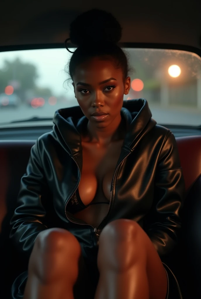 Black woman wearing leather short shorts up in crack black hoodie hair in a bun setting in car seat camera in between legs