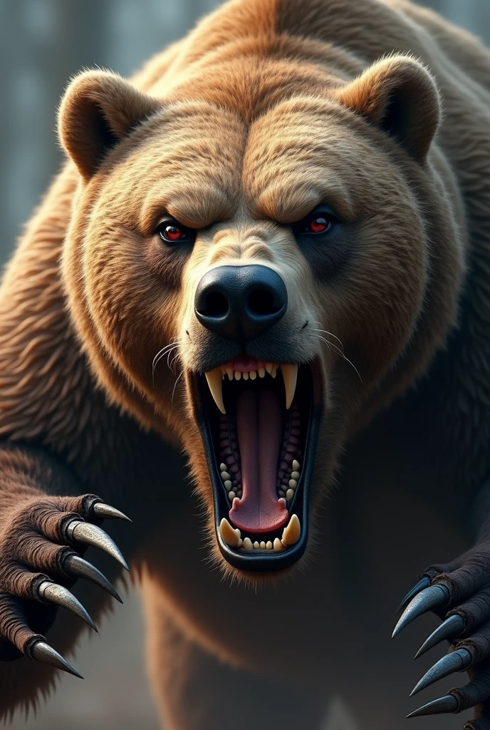 Close rosto urso viking, open claws , hairs standing on end and muscles tense, attacking the prey with its claw.