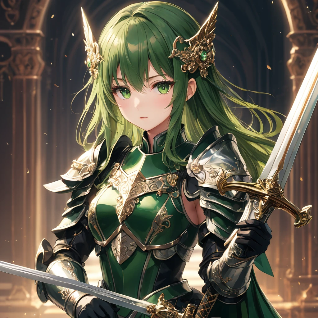 One girl,alone,anime,whole body,, From feet to head、Classy girl,Armored,Holding a sword,anger,(embedded:Unaesthetic XLv13.Safety Tensor:1.2),(embedded:Negative XL_is.Safety Tensor:0.8),(masterpiece,Highest quality,Ultra_detailed,High resolution,Absurd:1),(masterpiece, Highest quality, Highest quality, beautifully、aesthetic),Ultra-detailed,Very delicate and beautiful,beautiful detailed face,澄んis顔,Best illustrations,extremely detailed eyes and face,wonderful,detailed and intricate,Best image quality, beautifully繊細な背景,beautiful detailed, Green armor