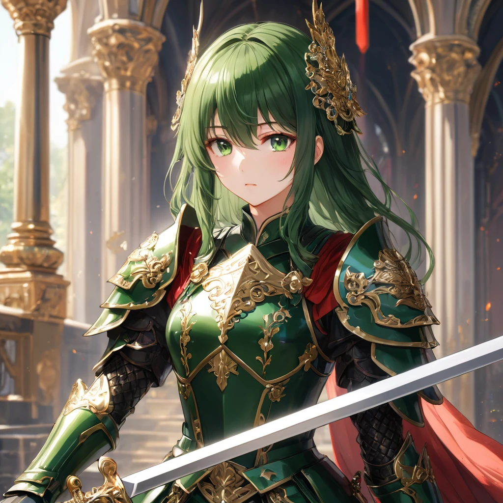 One girl,alone,anime,whole body,, From feet to head、Classy girl,Armored,Holding a sword,anger,(embedded:Unaesthetic XLv13.Safety Tensor:1.2),(embedded:Negative XL_is.Safety Tensor:0.8),(masterpiece,Highest quality,Ultra_detailed,High resolution,Absurd:1),(masterpiece, Highest quality, Highest quality, beautifully、aesthetic),Ultra-detailed,Very delicate and beautiful,beautiful detailed face,澄んis顔,Best illustrations,extremely detailed eyes and face,wonderful,detailed and intricate,Best image quality, beautifully繊細な背景,beautiful detailed, Green armor