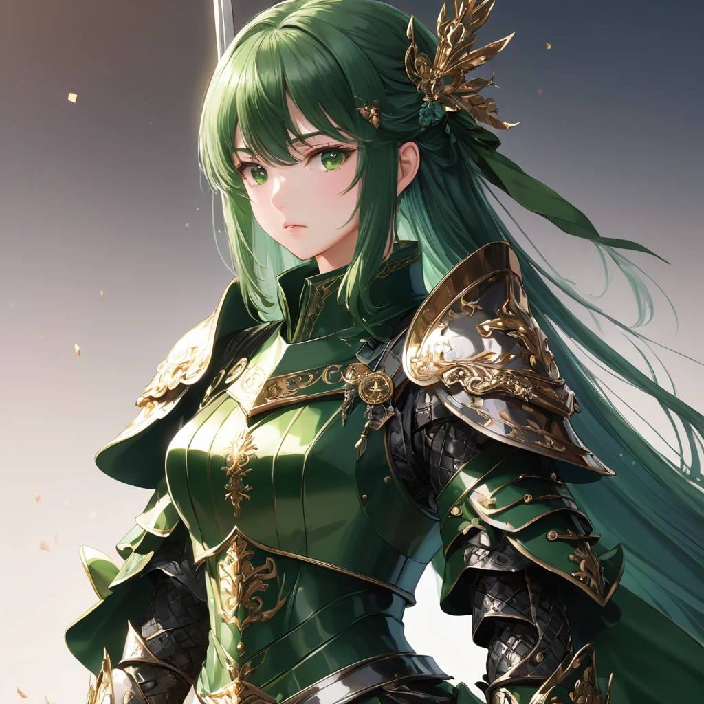 One girl,alone,anime,whole body,, From feet to head、Classy girl,Armored,Holding a sword,anger,(embedded:Unaesthetic XLv13.Safety Tensor:1.2),(embedded:Negative XL_is.Safety Tensor:0.8),(masterpiece,Highest quality,Ultra_detailed,High resolution,Absurd:1),(masterpiece, Highest quality, Highest quality, beautifully、aesthetic),Ultra-detailed,Very delicate and beautiful,beautiful detailed face,澄んis顔,Best illustrations,extremely detailed eyes and face,wonderful,detailed and intricate,Best image quality, beautifully繊細な背景,beautiful detailed, Green armor