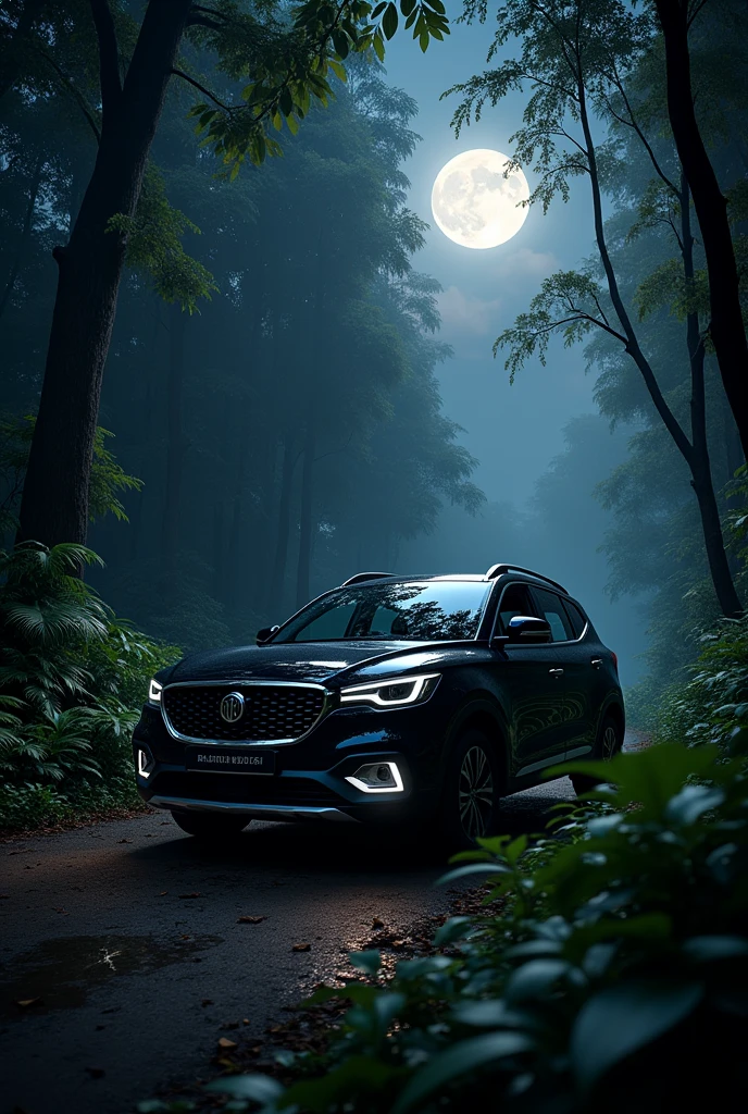 A mg hector black
car in jungle at night