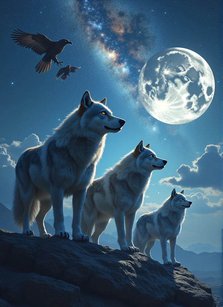 wolfs and Eagles Under the Milky way and Moon and have a Galaxy Background 