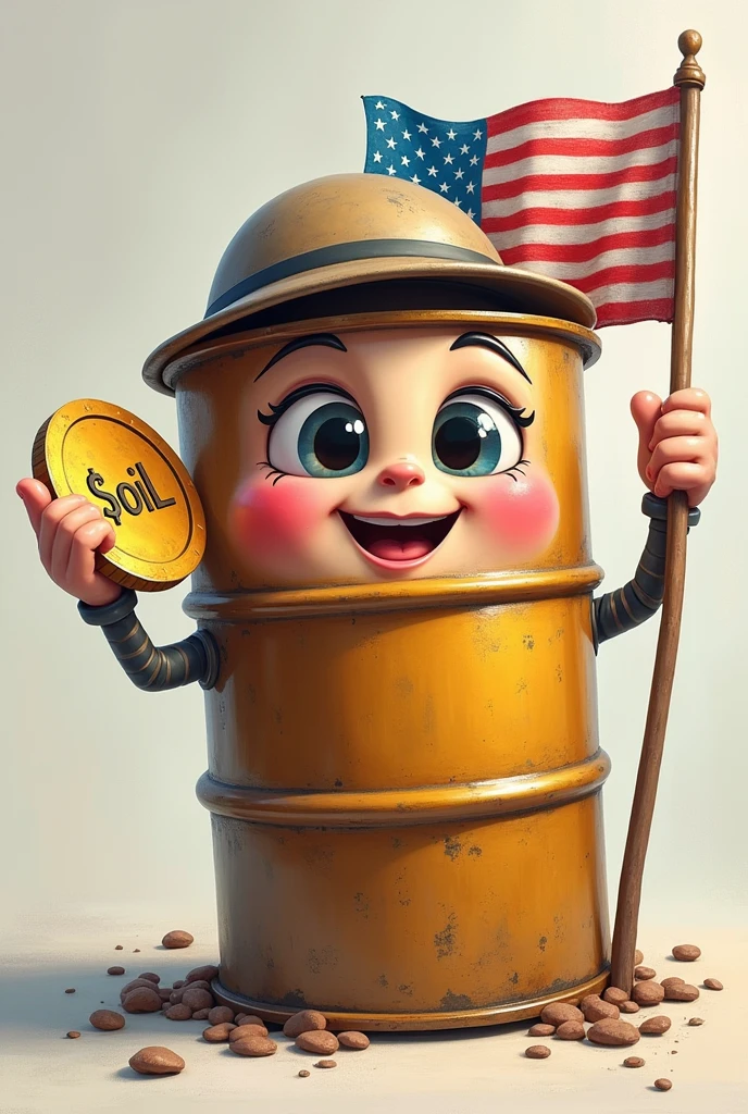 Create an Oil barrel can make it face look cute while his holding a coin saying "$oil" while also holding a USA flag