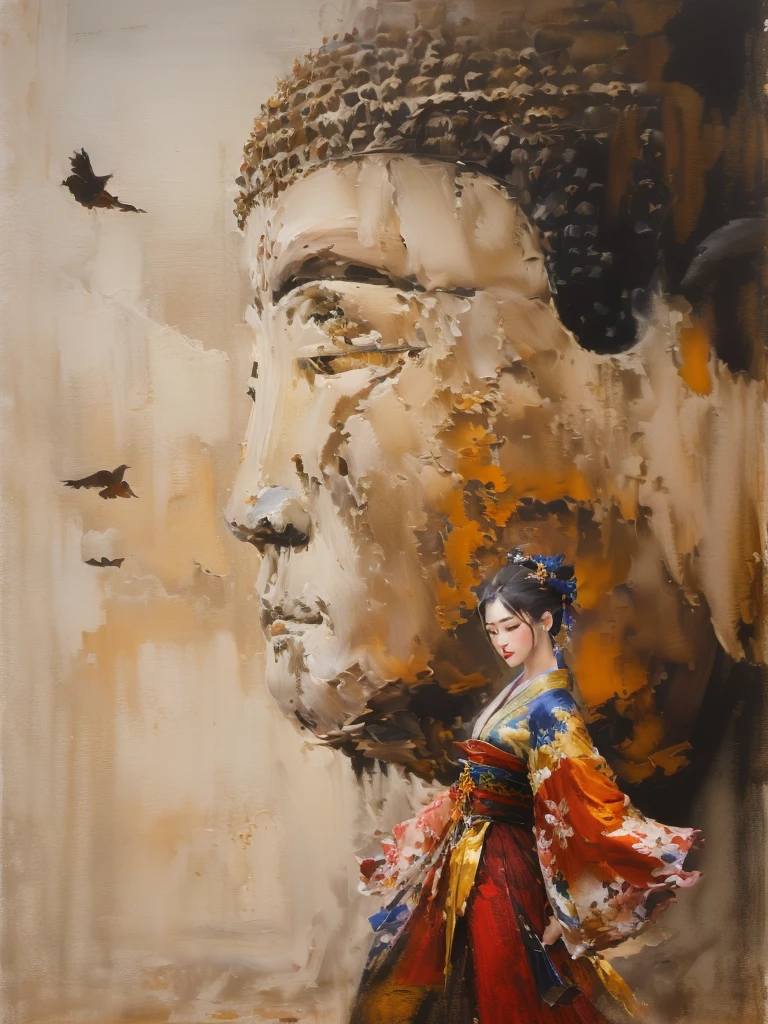 painting of a woman in a traditional dress walking past a large buddha statue, japanese art, inspired by Jin Nong, by Ma Quan, japanese art art, japanese goddess, portrait of geisha, inspired by Tosa Mitsunobu, japanese art style, ancient japanese, serene expression, 8k resolution.oil on canvas, guweiz masterpiece