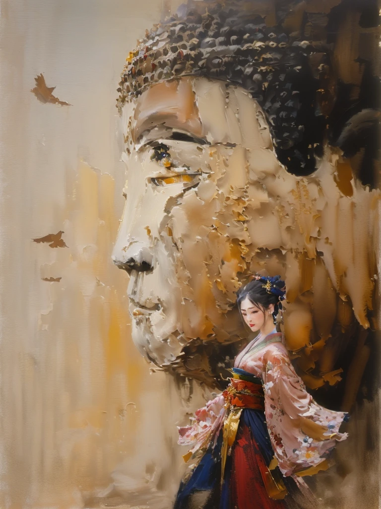 painting of a woman in a traditional dress walking past a large buddha statue, japanese art, inspired by Jin Nong, by Ma Quan, japanese art art, japanese goddess, portrait of geisha, inspired by Tosa Mitsunobu, japanese art style, ancient japanese, serene expression, 8k resolution.oil on canvas, guweiz masterpiece
