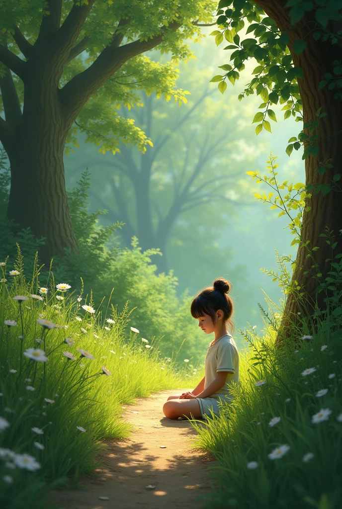 girl om road with heavvy greenry