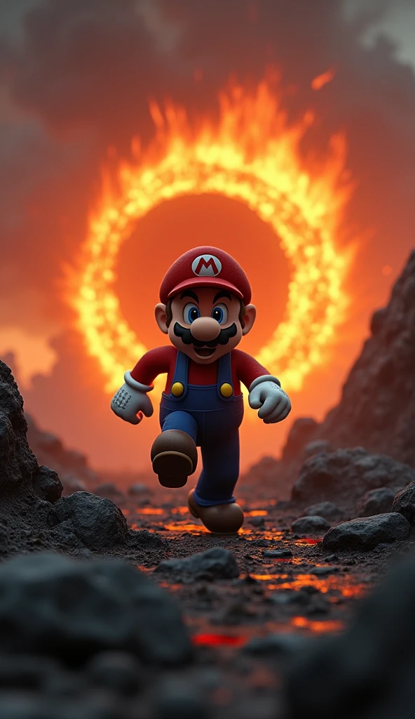 Conceptual art. 16K. UHD. High quality, photorealism. Thematic background. Fantasy. Mysticism. Detailed face with expressive eyes. Stunning full color design, sharp focus, studio shot, intricate details, high detail, detailed anatomy. Hyperrealism.
Super Mario in the foreground, running with an expression of fear. Super Mario has stolen the One Ring. The background is dominated by a massive eye-like structure (the Eye of Sauron), made of intense flames emitting bright light. This fiery eye is surrounded by bright orange and red flames, creating a dramatic and ominous atmosphere. The sky is filled with thick dark clouds, adding to the sense of impending doom. The ground is covered with scattered dark gray rocks and charred earth, illuminated by the bright fire behind the character. The overall mood is intense, dramatic and humorous, with Mario's carefree appearance contrasting with the dark, fantasy-inspired setting. Lighting primarily comes from a central fiery eye, casting strong shadows and highlights across the landscape, creating a cinematic feel with high gamma, medium contrast and warm tones dominating the color palette.