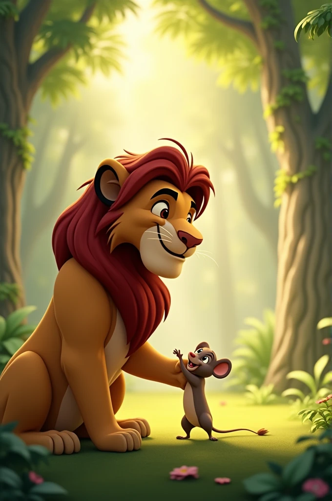Prompt: "The lion, now with a gentle smile on his face, releases the mouse from his paw onto the ground. The mouse looks relieved and happy, standing on all fours. The background shows a peaceful forest clearing with a light breeze blowing leaves around, suggesting a calm and serene environment."3D animation Disney inspired
