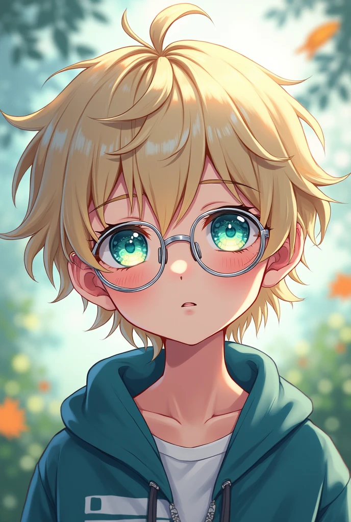 Anime boy, , short and wavy platinum blond hair, bright blue and light green eyes, silver glasses