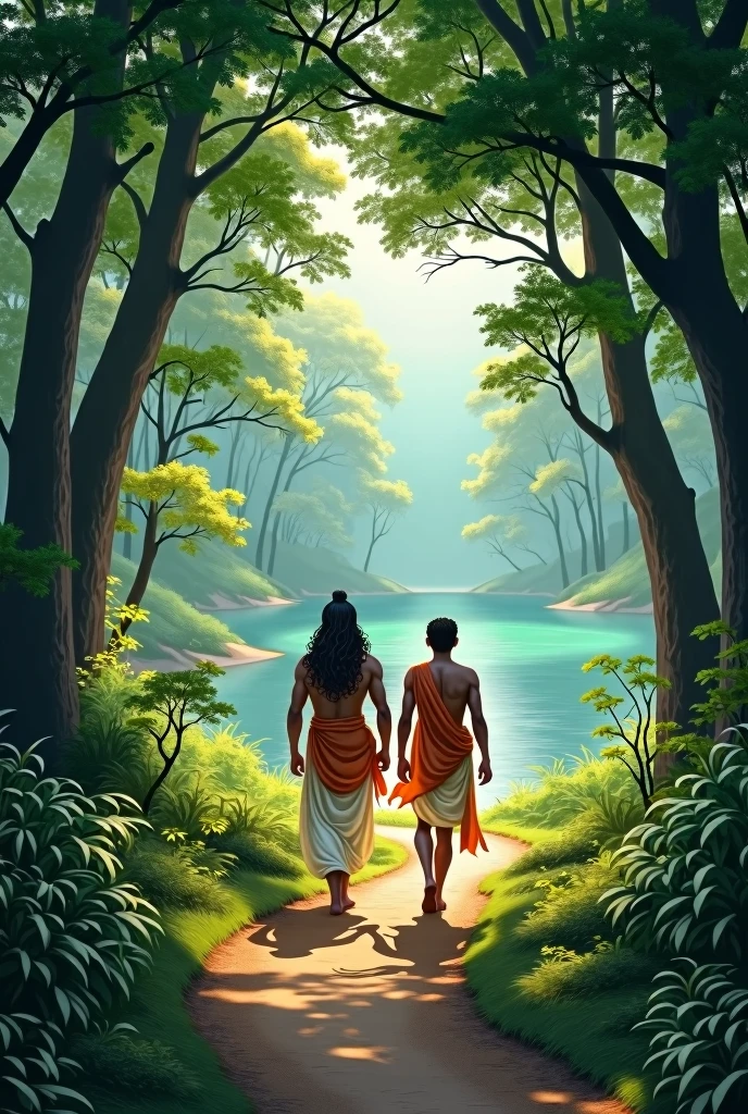 The journey of Surya and Chandra was not easy. They first had to pass through a dense forest, which had many wild animals and poisonous plants. Many times they faced difficulties on the way through the forest, such as deep pits and hollow trees. cartoon image 