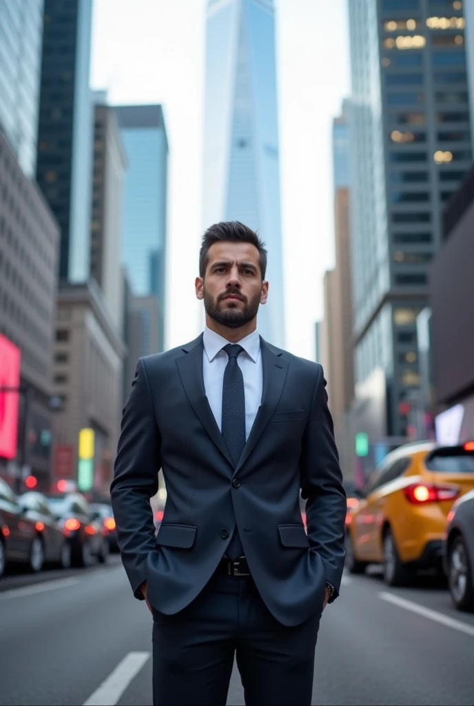 A successful entrepreneur, aged 35, standing in front of a city skyline, with a confident pose, surrounded by skyscrapers and a busy street"