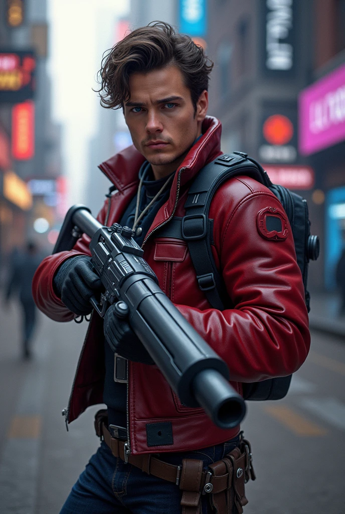 Peter quill, star lord, yeux bleus et cheveux noirs, vetement comme les ravageurs des gardiens de la galaxie, age 20 ans, pistolet futuriste a la main, sans barbe