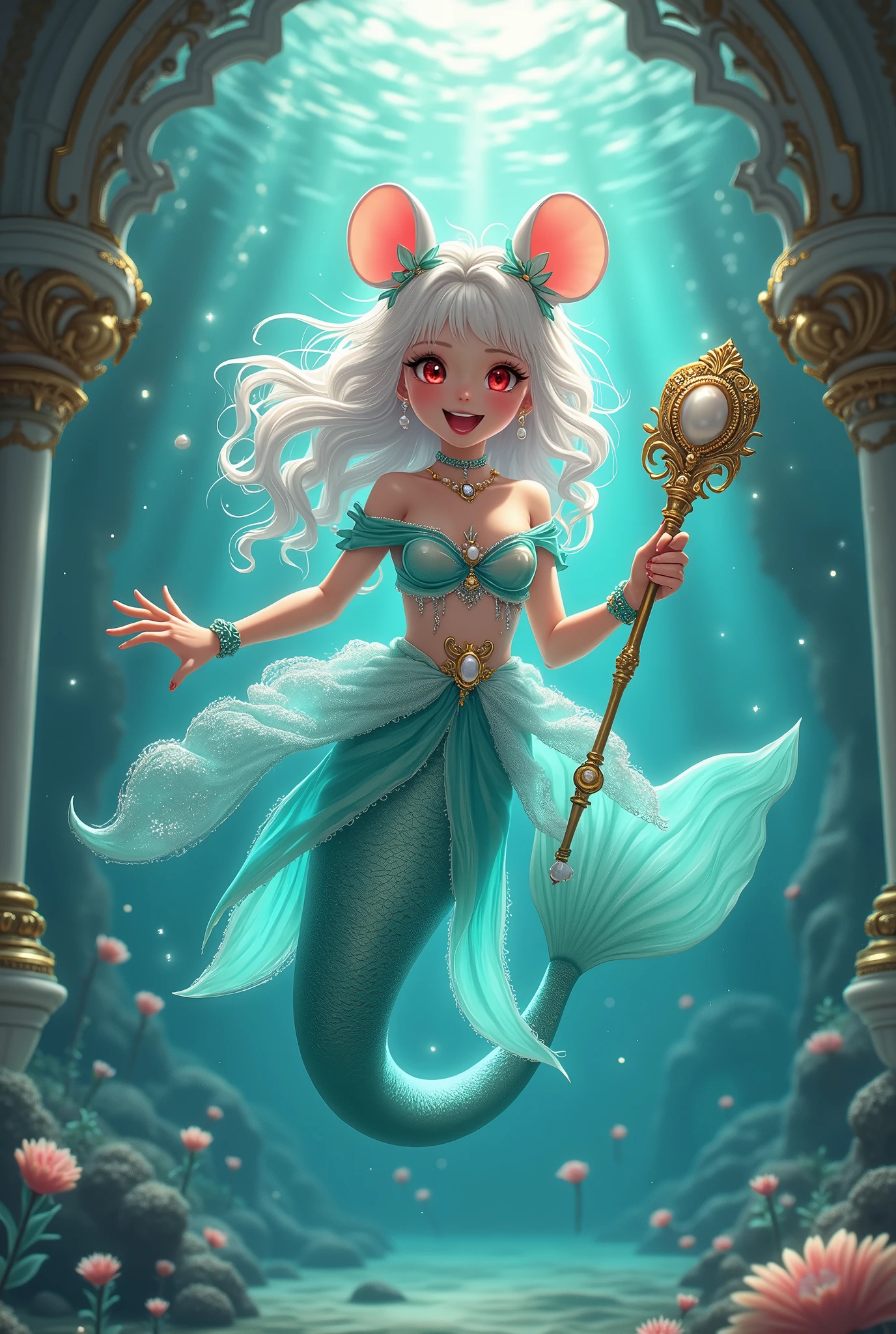 (best quality,4k,8k,highres,masterpiece:1.2),ultra-detailed, drawn in 2D anime style, Pretty albino girl magically transformed into a beautiful mermaid princess, the princess of the sea, race swap, fantastic transformation, sharp teeth, beautifully detailed lips with lipstick, she’s smiling, steampunk, fishlike, wet body, very long curly white hair adorned with hair accessories, red eyes with long eyelashes, white fur, slim body, red manicured nails, whiskers, mouse ears with pearls earrings hanging from them, long mermaid tail below waistline with shimmering cyan fish scales, pelvic and dorsal fins, a pair of fish gills on her torso, highly detailed seashell bra with intricate patterns, pearl and gold bracelets, pearl necklace, tiara made of seashells, cute turquoise princess dress, iridescent colours, physically-based rendering,gorgeous frilly dress design,flowing gown,elaborate lace details,rich textures,contrast stitching,delicate ribbon bows,fish scale accents, translucent skirt,fitted waistline,lace-up back,luxurious fabrics,flawless silhouette, joyful expression, sparkling water, water reflections, ethereal atmosphere, subtle glow, whimsical and enchanting, gracefully swimming in a hallway, she is holding a magic staff made of seashells and pearls, underwater castle interior, intricately decorated room, magical underwater lighting, vivid colors, breathing underwater, endless ocean depths, light filtering through the water.