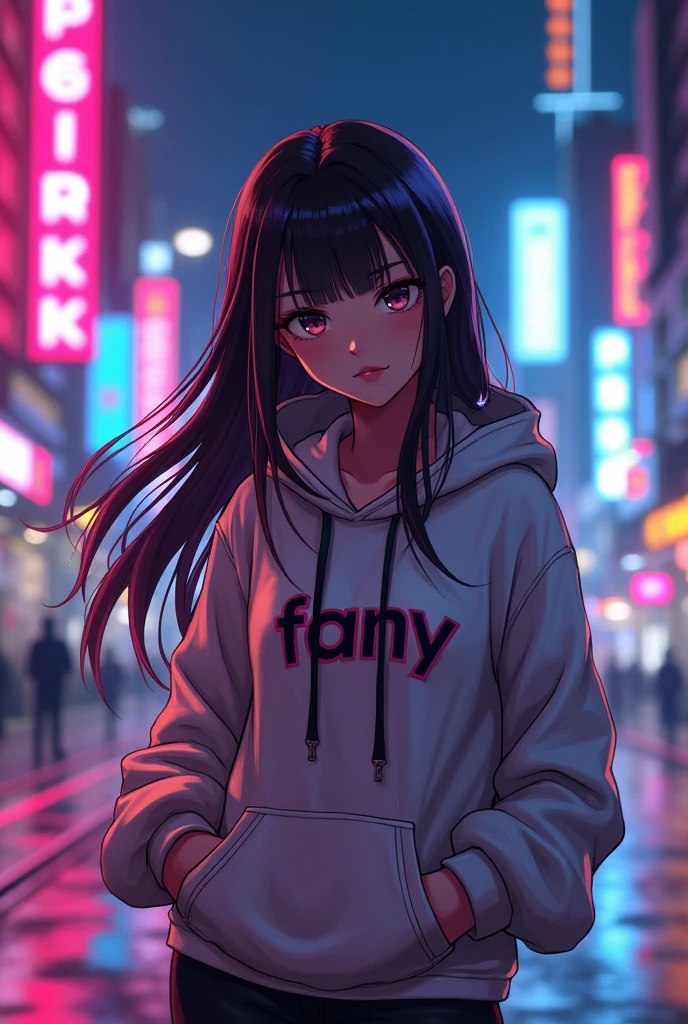 Create a character anime, {background: capital text “GLBK”, night city}, tanned skin,
realistic, HDR, beautiful, japan style, full body, use piastol, age 20, hoodie HD text: “FANY”, female, long hair