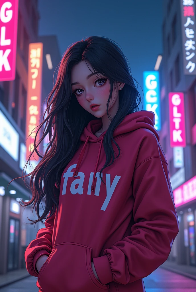 Create a character anime, {background: capital text “GLBK”, night city}, tanned skin,
realistic, HDR, beautiful, japan style, full body, use piastol, age 20, hoodie HD text: “FANY”, female, long hair