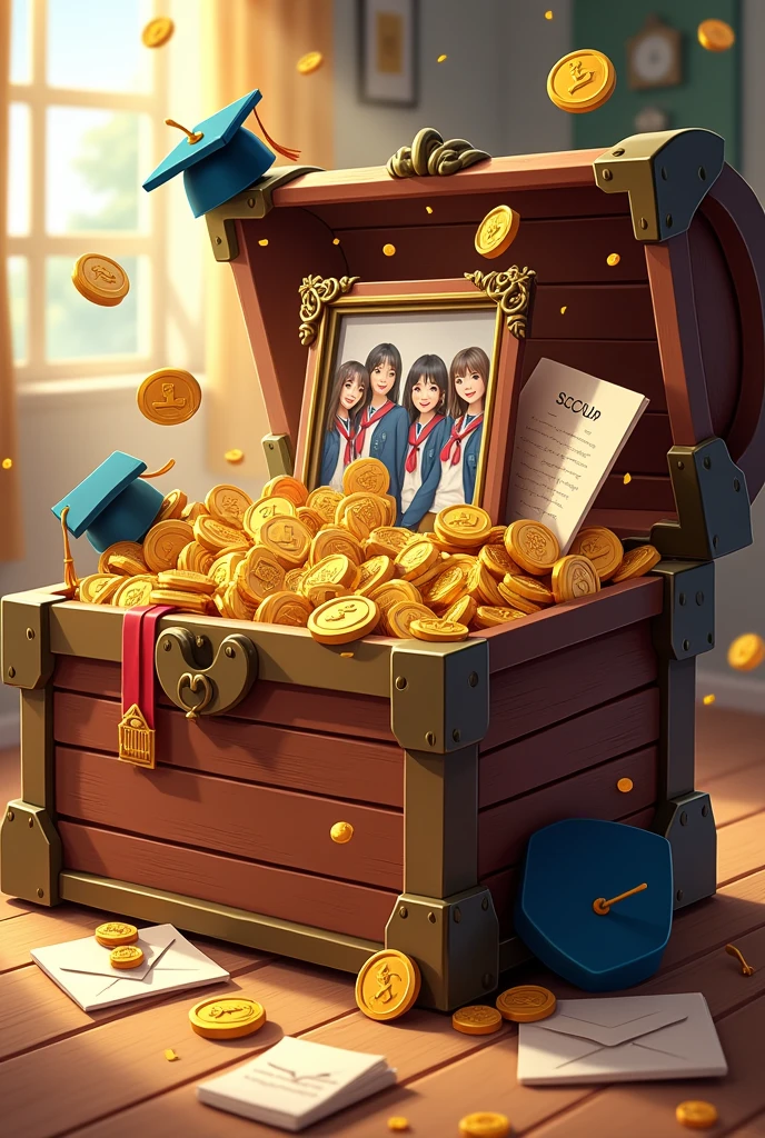 an animated opened treasure box with gold medals, letters, graduation caps and a picture of a group of friends in their uniforms inside it