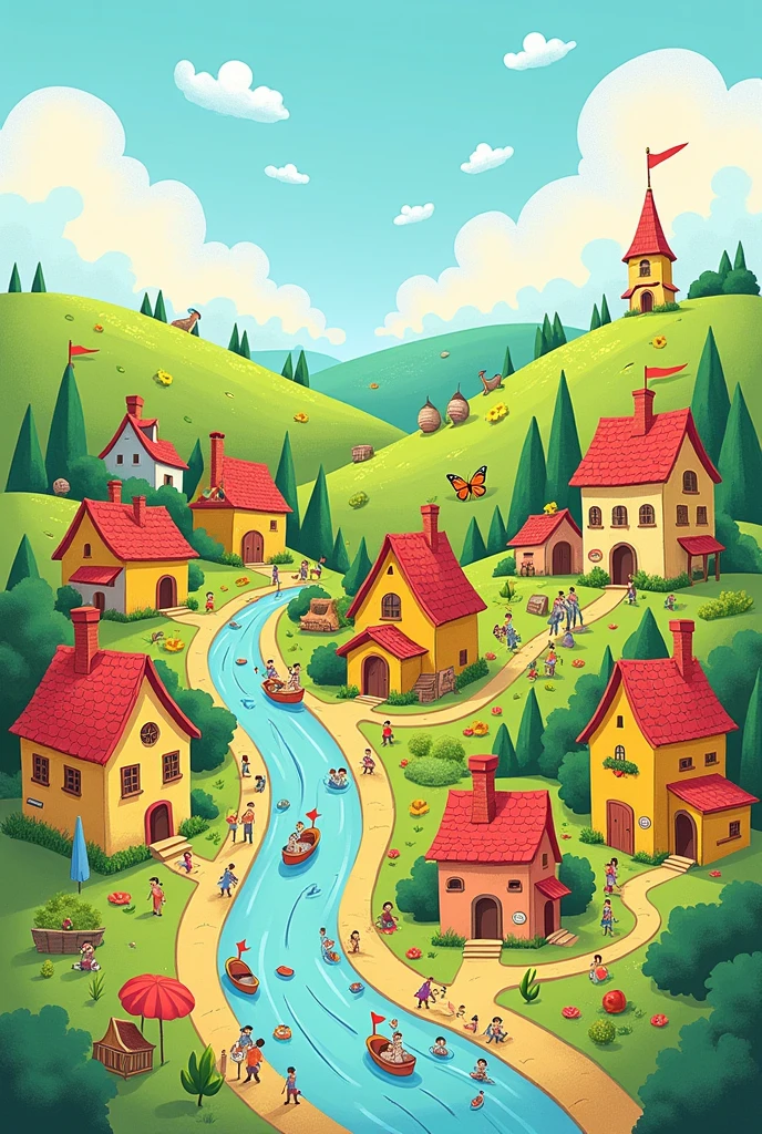 Kids style drawing of a village