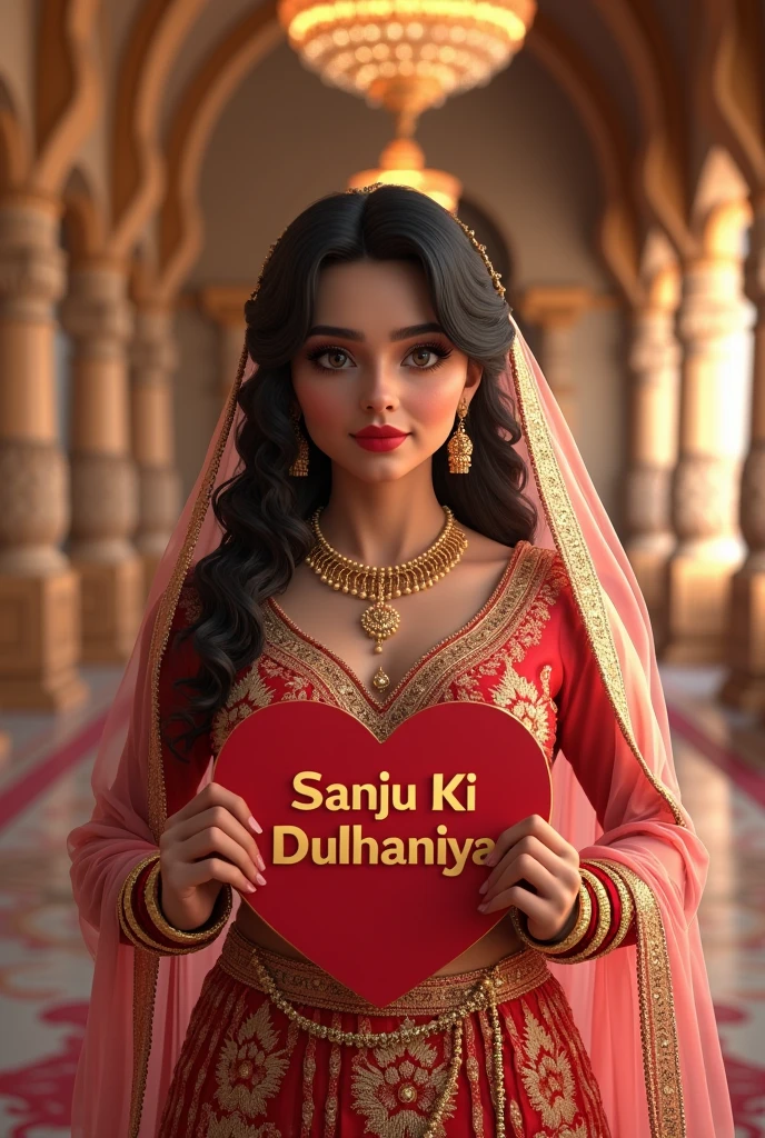 (photorealism:1.2),  "
 Punjabi bridal girl stand in marriage hall .take heart with name of' "
संजू की दुल्हनिया " curly hair . sar par pallu. Looling  beautiful 