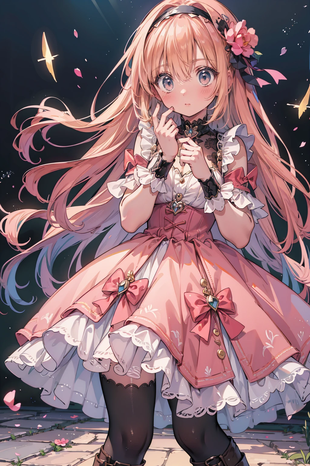 Anime Style、Storytelling、、beautiful girl、とてもcute天使、Pink Gothic Dress、cute、Baby Face、smile、Long skirt、Black long boots、Very cute headband
