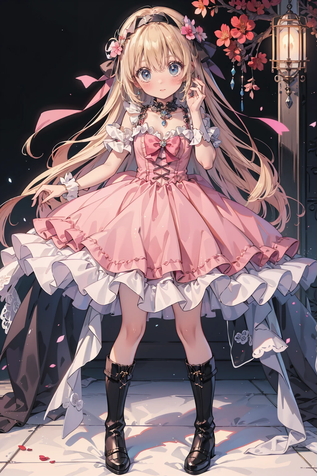 Anime Style、Storytelling、、beautiful girl、とてもcute天使、Pink Gothic Dress、cute、Baby Face、smile、Long skirt、Black long boots、Very cute headband
