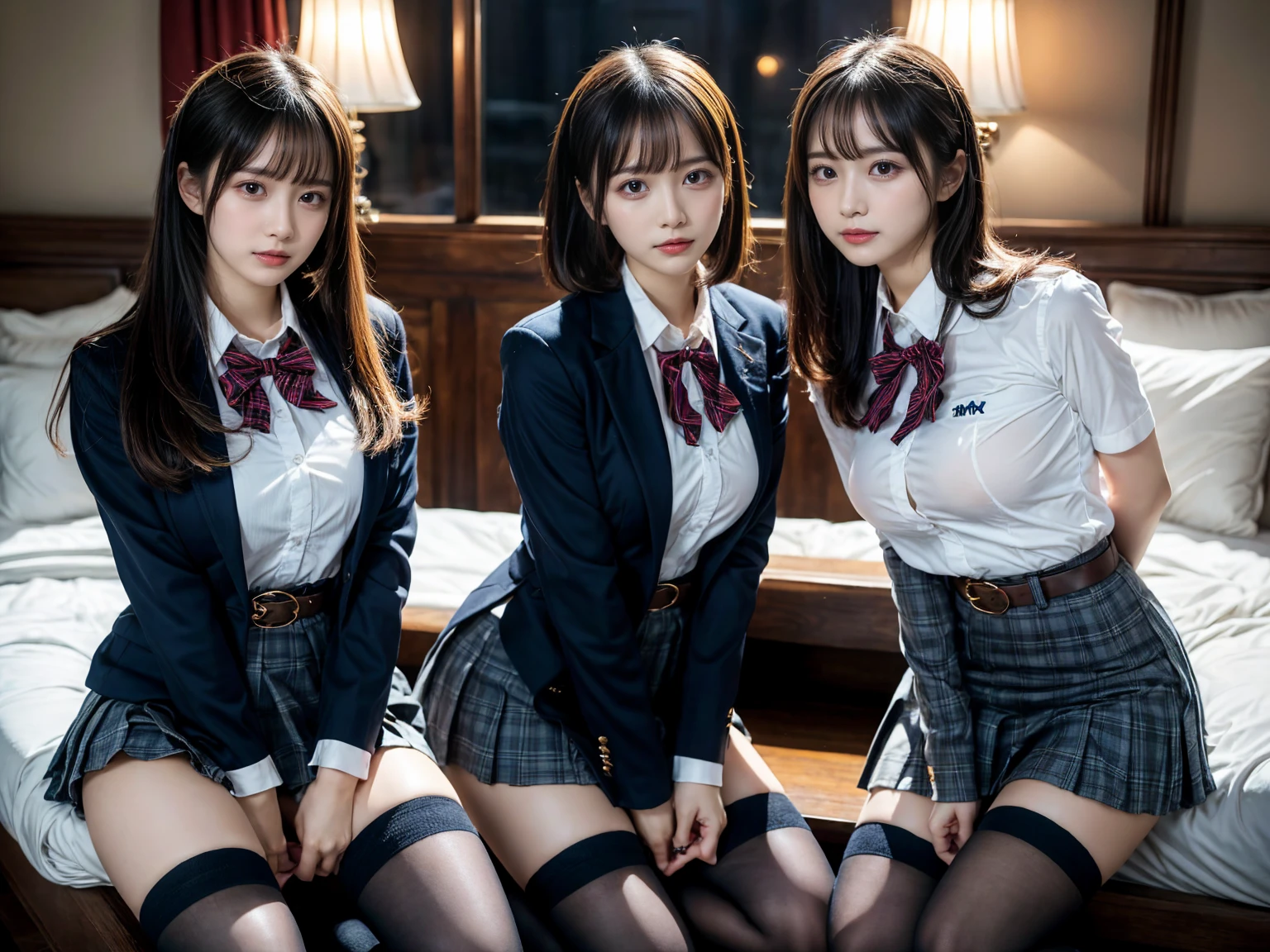 (8K, Raw photography, top-quality, ​masterpiece:1.2), master piece, best quality, illustration, Super detailed, fine details, High resolution, 8K,wall paper, perfect dynamic composition,(Details High quality, realistic depiction of eyes:1.3), ((2 girls, 2 schoolgirls)), The background is a luxury hotel room、High school girl uniform、blazer 、Super Short Check Uniform Skirt、Navy blue high socks、garterbelts、Colossal tits、Disturbed uniform, Play with each other,Touching each other's bodies,Touching the body of the girl next door, short bob hair, black hair color, huge breasts, Big Natural Color Lip, bold sexy pose, (perfect body shape), crying a little、cold gaze,  Beautiful makeup,glitter makeup,Cutest 1, beautiful legs, hposing Gravure Idol, Voluptuous thighs