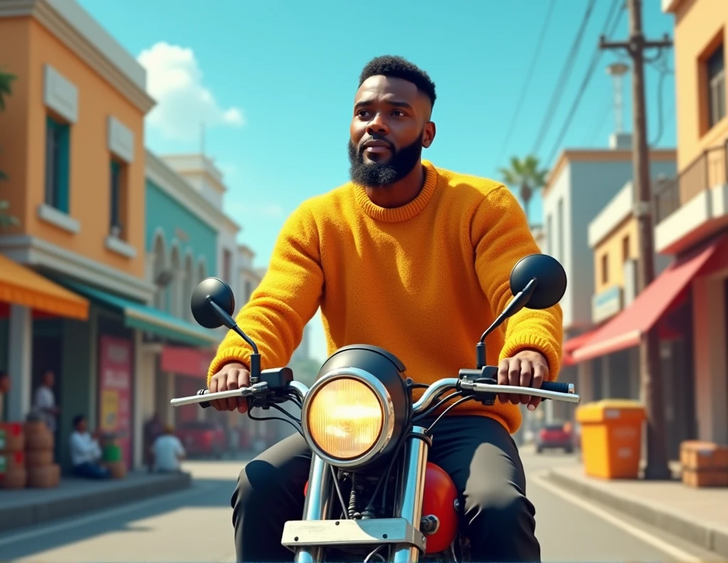 a picture to wish a happy August, with an African delivery man dressed in orange-yellow knitwear and black pants on a delivery motorbike. 