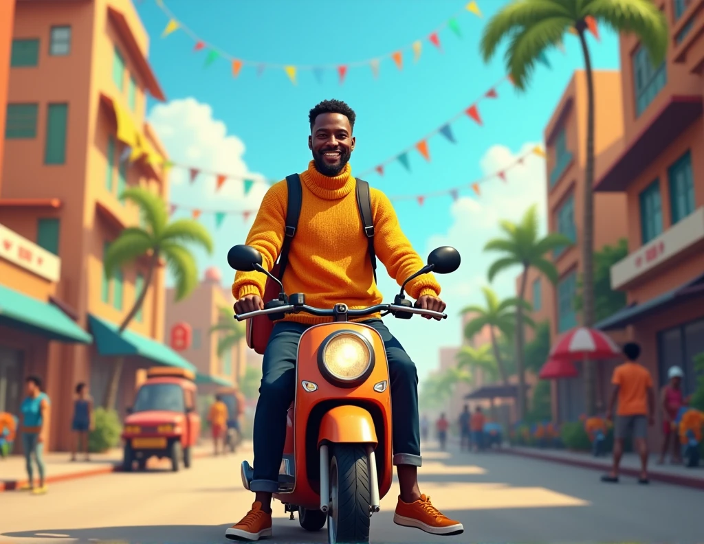 a picture to wish a happy August, with an African delivery man dressed in orange-yellow knitwear and black pants on a delivery motorbike.