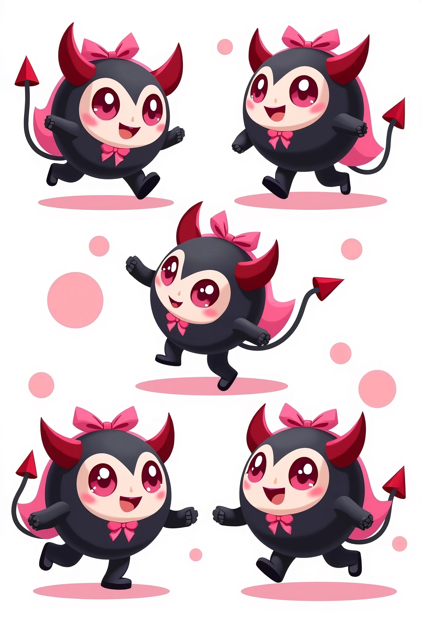  Create animation sprite sheets for 2D character animations with frames for detailed movements。, Animation ready. , Idol , Run left, right. Create a devilish mascot, A ball with dark red horns and pink eyes, Black with a pink ribbon, His facial expression shows a smile. Like Pokémon, White Background