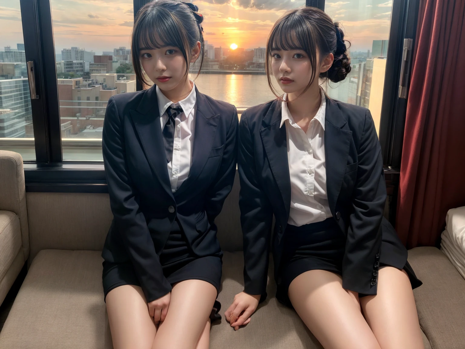 masterpiece, best quality, illustration, Super detailed, fine details, High resolution, 8K,wall paper, perfect dynamic composition,(Details High quality, realistic depiction of eyes:1.3), (2 girls), short hair, Office Lady, ,Suit,Collared shirt, Black Suit,Black jacket, updo, huge breasts, black hair color, Big Natural Color Lip, bold sexy pose, crying a little、Harajuku style、20 year old girl、cute type、ta、beautiful legs, hotel room, full body photo、focus on crotch, hposing Gravure Idol, Sexy shot looking at camera, Sunset, by the window, Summer, make up, Curve