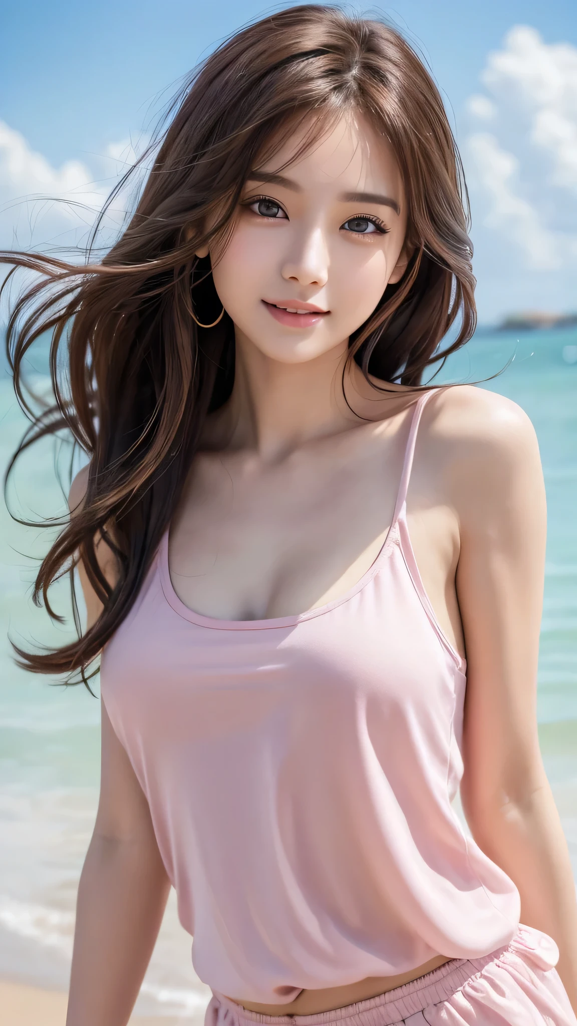 highest quality、genuine、Super detailed、finely、High resolution、8k wallpaper、one beautiful woman、、、light brown disheveled hair、wearing a pink tank top、sharp focus、perfect dynamic composition、beautiful and detailed eyes、thin hair、Detailed genuine skin texture、smile、model body shape、In a seaside