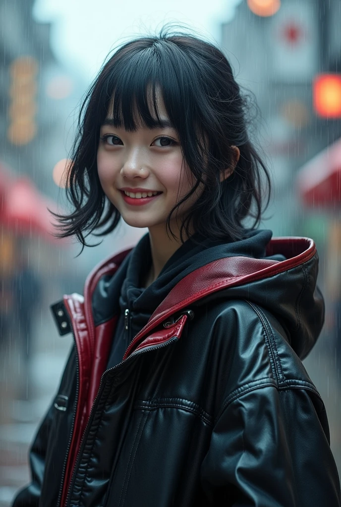 one person、High resolution、smile、High resolution、masterpiece、Anatomically correct、Person Portrait、Background blur、Super Real Photo、High resolution、Dramatic image、Harajuku casual fashion、dynamic、The perspective of the shot is quite far away、Capture the whole subject。Capture the whole subject、Beautiful decoration、Standing background:Scenery after rain