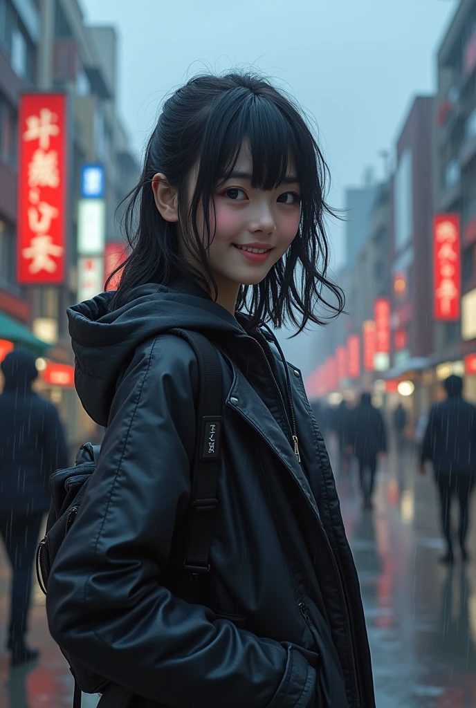 one person、High resolution、smile、High resolution、masterpiece、Anatomically correct、Person Portrait、Background blur、Super Real Photo、High resolution、Dramatic image、Harajuku casual fashion、dynamic、The perspective of the shot is quite far away、Capture the whole subject。Capture the whole subject、Beautiful decoration、Standing background:Scenery after rain