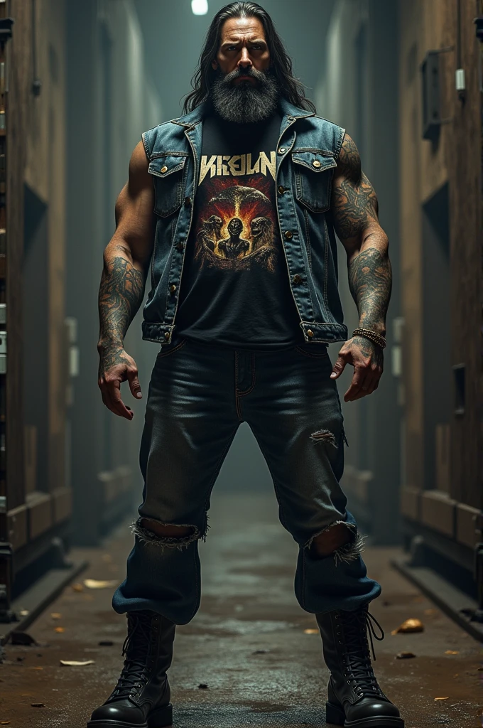 A tall man,long hair and some facial hair on his face,SERIOUS LOOK,strong,tattoos,dressed as a metalhead