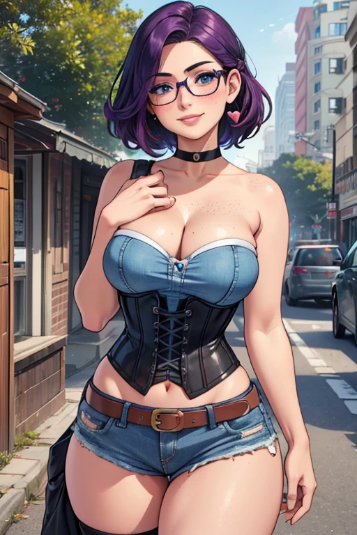 1girl, beautiful teenage girl, long purple hair, deep blue eyes, extremely short hair, freckles, framed eyeglasses, heart-shaped choker, happy expression, smiling, blushing, thick full lips, gigantic breasts, deep cleavage, very thin body, strapless corset top, sleeveless, bare arms, tiny jean shorts, high heel sandals, perfect anatomy, city sidewalk background, detailed background, sunny day, (best quality,4k,8k,highres,masterpiece:1.2),ultra-detailed,(realistic,photorealistic,photo-realistic:1.37)