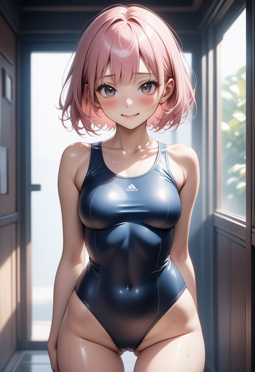 ((School Swimsuit)), ((skindentation)), skinny, alone, solo, 1 woman, Masterpiece, highest quality, highest quality, 16K, incredibly absurd, highly detailed, 2.5D, ai-generated, delicate and dynamic, very delicate facial expressions, delicate eye depiction, erotic, only sexy woman, ((A cute and kind face)), healthy figure, ((1 woman)), 160cm tall, ((medium firm swaying bust)), medium breasts, (short hair), Straight Hair, (pink hair:1.5), bob cut, black eye, blush, Sweat,Embarrassed,sexy, ((thin thighs)), (camel toe:0.5), (visible nipples:0.8), (Erect nipples,:0.9), shiny and lustrous, facing straight at viewer, smile, ((Oily_skin)), dark skin, ((standing)), ((arm at side)),