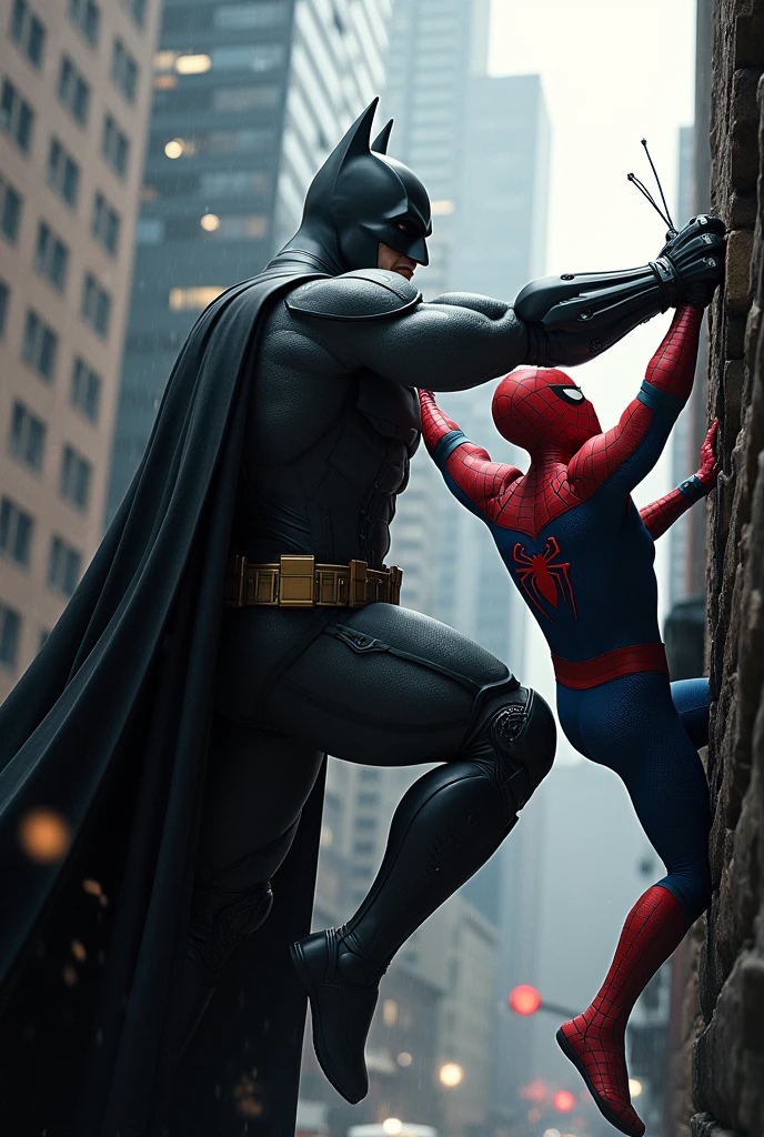 Batman vs Spiderman epic fighting, intricate details, hyper realistic, cinematic