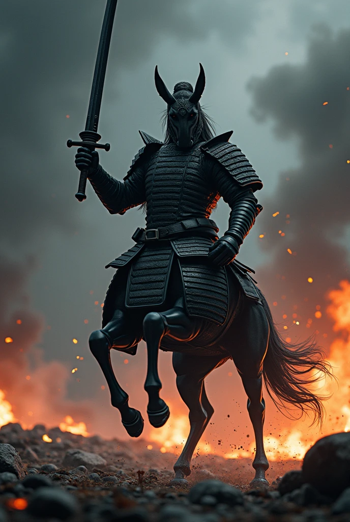 Centaur-type Japanese warrior、Black Armor、Bouncing Pose、Japanese sword shines、battlefield、sparks、inflammation、Backlight、Dark Night、