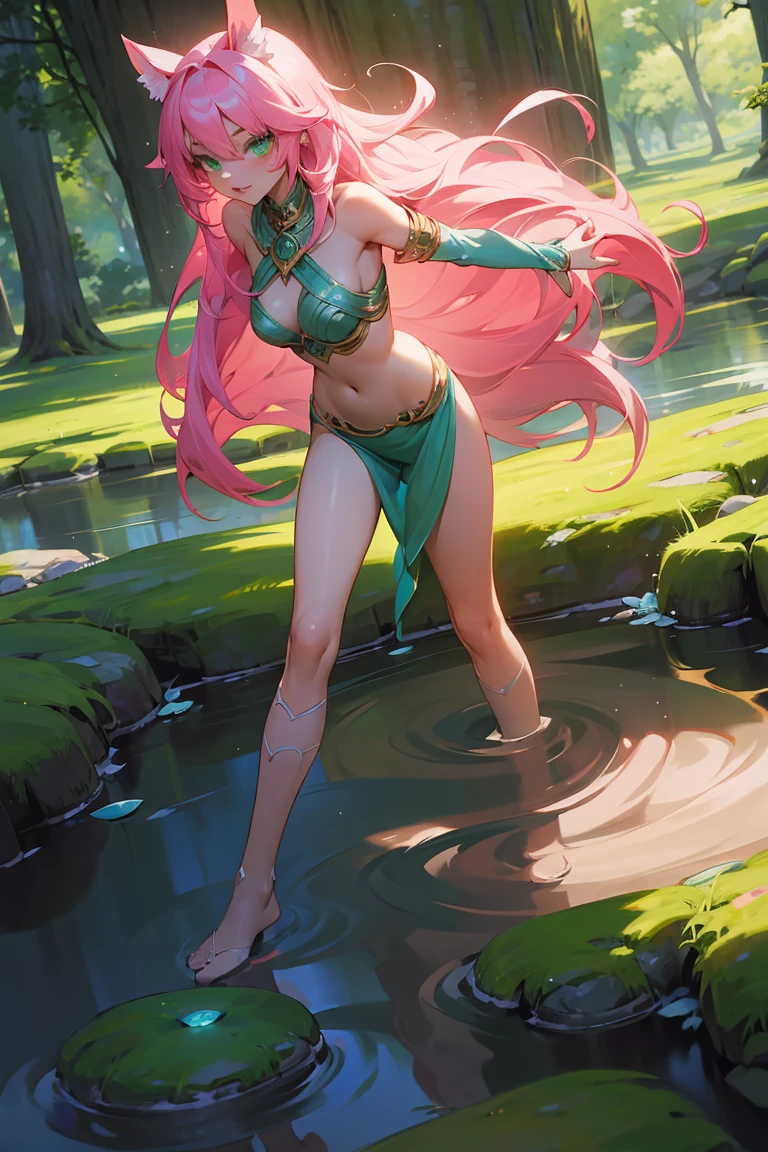 Create a DnD woman as a Nymph with flowing pink hair and vibrant green eyes, standing in the wild surrounded by stones. She is near a mystical portal that connects our world to hers, with nature thriving around her.