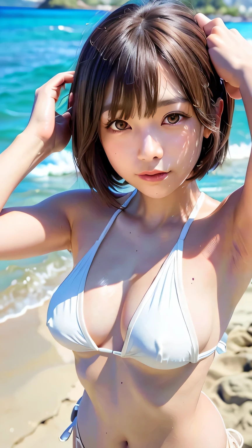 (((Loose, Shoulder-length fluffy brown mini bob hairstyle)))、(((Hawaii beach background)))、(((Pose like a model at the hair salon)))、(((Wearing a white micro bikini)))、Face close-up、Half Japanese, Half Korean、1 girl、Independent、I'm looking forward to、Light eye makeup、Brown Hair Color、Flat 、Hair blowing in the wind、Quality of actress、Shiny, Ultra-realistic faces、smile、Watery eye、look up、Subtle lighting effects、 Ultra-Realistic Capture、Very detailed、High resolution 16K human skin closeup。Skin texture must be natural、The detail must be such that the pores are clearly visible.、skin is healthy、Even Tone、Use natural light and colour、High quality images taken by modeling agencies'Exclusive photographer、smile、(((Sigma 300mm F/2.8,1/1000 sec shutter,ISO400)))
