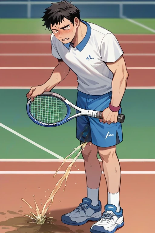 20 years old slender and mascular man in his blue short pants is peeing himself in the tennis court. He is playing tennis but he couldn't hold his pee. There's a pee wet spot on his pants. He has a tennis racket in his hand. He looks ashamed of peeing himself. Anime 