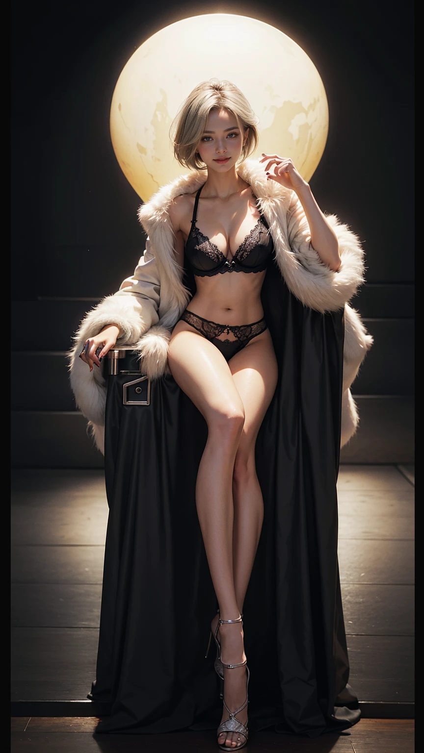 (best quality,4k,8k,highres,masterpiece:1.2), ultra-detailed, (realistic,photorealistic,photo-realistic:1.37), Russian supermodel, slavic girl , ((platinum blonde hair, blue eyes, hourglass body, long toned legs, flat abs, slim fit body, perfectly round and squishing 600cc enhanced breasts, sun-tanned skin)), (sexy white lace thong and bra), (elegance white fox fur overcoat), stylish stilettos, daring gaze, playful smile, vibrant nightclub setting, chic pixie haircut, polished nails, fashionable accessories, confident stance, dynamic club lighting, bustling dance floor backdrop, captivating aura, colorful lighting scheme, modern decor, sharp focus on details, vibrant club environment, nightlife trendsetter, modern sophistication, prominent presence, state-of-the-art DJ booth, sleek cocktail glass, ergonomic barstool, striking wall art, impeccable fashion taste, spotlessly clean bar counter, polished wooden surfaces, gleaming disco ball accents, gentle shadow effects, confidently seated, aura of excitement, empowered female figure, boundless joy, awe-inspiring confidence, symbol of , high-end lifestyle, enthusiasm, extraordinary charisma.