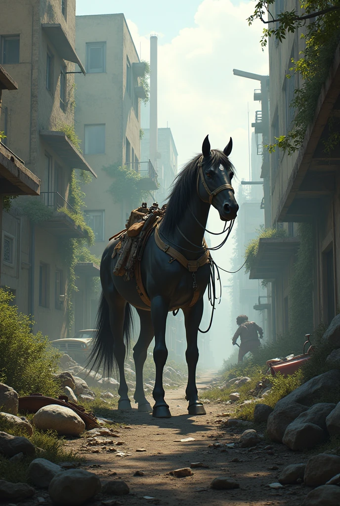 Centaur in a Post-Apocalyptic World: A centaur scavenger navigating through the ruins of a crumbling city. The environment is desolate, with abandoned buildings and overgrown vegetation. The centaur’s body is battle-worn, and it carries makeshift weapons and supplies.