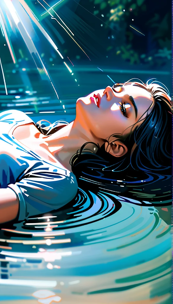 (realistic,photorealistic),(best quality,4k,8k,highres,masterpiece:1.2), (full silhuette), full body portrait of a woman lying on her back on the water and floating on the surface of the water, lies on the surface of the water, head tilted back, wet hair floating on the surface of the water, eyes closed,peace and tranquility,medium:oil painting,soft and gentle brushstrokes,calming blue tones,subtle reflections,dreamlike atmosphere,detailed facial features,long wavy hair flowing,serene expression,gentle ripples on the water,light rays shining through,subtle shimmer and sparkle,slight distortion in the water,harmonious composition