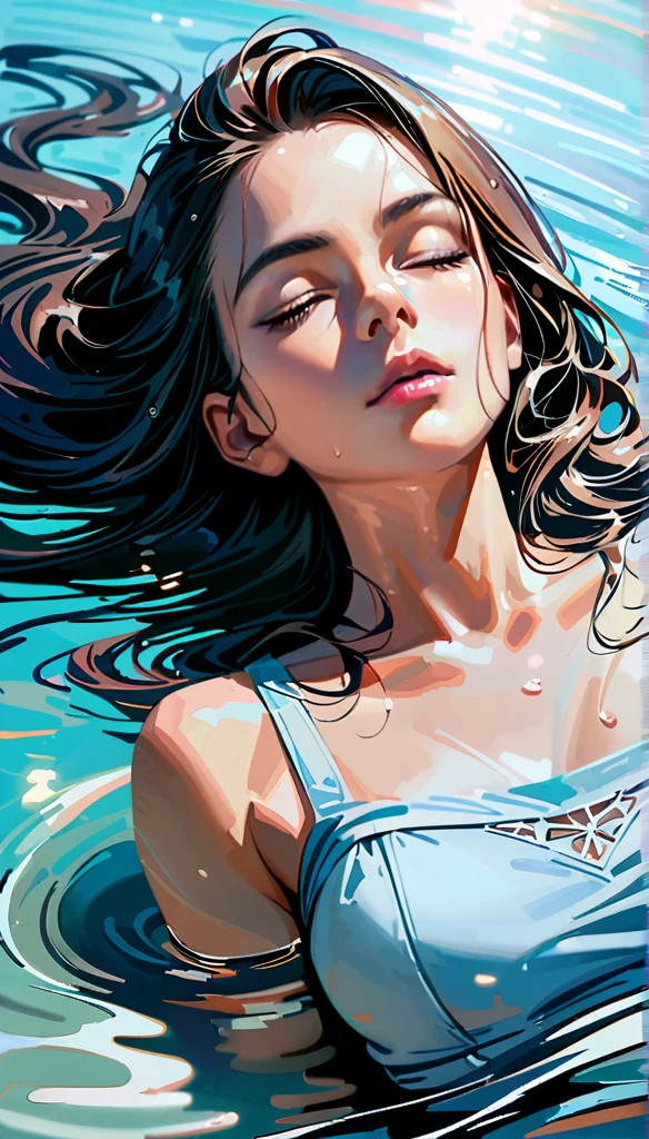 (realistic,photorealistic),(best quality,4k,8k,highres,masterpiece:1.2), (full silhuette), full body portrait of a woman lying on her back on the water and floating on the surface of the water, lies on the surface of the water, head tilted back, wet hair floating on the surface of the water, eyes closed,peace and tranquility,medium:oil painting,soft and gentle brushstrokes,calming blue tones,subtle reflections,dreamlike atmosphere,detailed facial features,long wavy hair flowing,serene expression,gentle ripples on the water,light rays shining through,subtle shimmer and sparkle,slight distortion in the water,harmonious composition